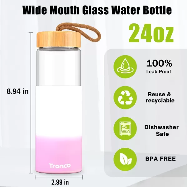 imageTronco 24oz Borosilicate Glass Water Bottle with Bamboo Lid NonSlip Silicone Sleeve LeakProof and Reusable Glass Bottle Perfect for giftsTravel Gym and Everyday Use BPAFree Dishwasher SafeWhite pink