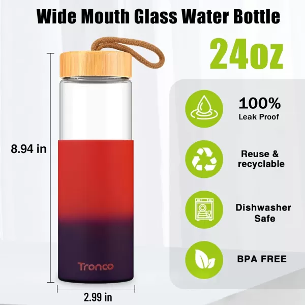 imageTronco 24oz Borosilicate Glass Water Bottle with Bamboo Lid NonSlip Silicone Sleeve LeakProof and Reusable Glass Bottle Perfect for giftsTravel Gym and Everyday Use BPAFree Dishwasher SafeRedblue