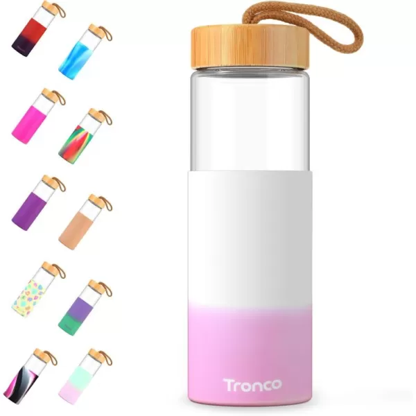 imageTronco 24oz Borosilicate Glass Water Bottle with Bamboo Lid NonSlip Silicone Sleeve LeakProof and Reusable Glass Bottle Perfect for giftsTravel Gym and Everyday Use BPAFree Dishwasher SafeWhite pink