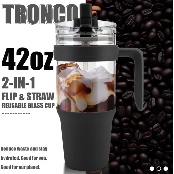 imageTronco 40 oz Glass Tumbler with Straw and Bamboo Lid Reusable Glass Tumbler with handle Fits in Cup Holder Iced Coffee Cup Smoothie CupBlack