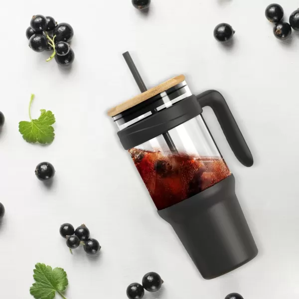 imageTronco 40 oz Glass Tumbler with Straw and Bamboo Lid Reusable Glass Tumbler with handle Fits in Cup Holder Iced Coffee Cup Smoothie CupBlackBamboo