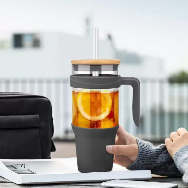 imageTronco 40 oz Glass Tumbler with Straw and Bamboo Lid Reusable Glass Tumbler with handle Fits in Cup Holder Iced Coffee Cup Smoothie CupCharcoalBamboo