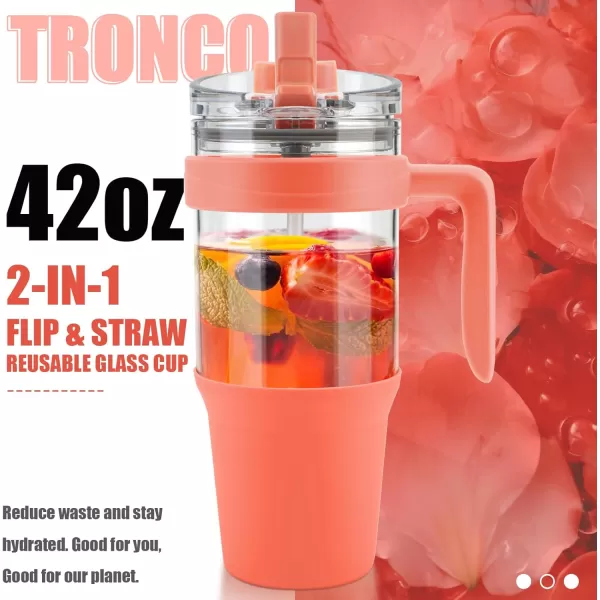imageTronco 40 oz Glass Tumbler with Straw and Bamboo Lid Reusable Glass Tumbler with handle Fits in Cup Holder Iced Coffee Cup Smoothie CupCoral Orange