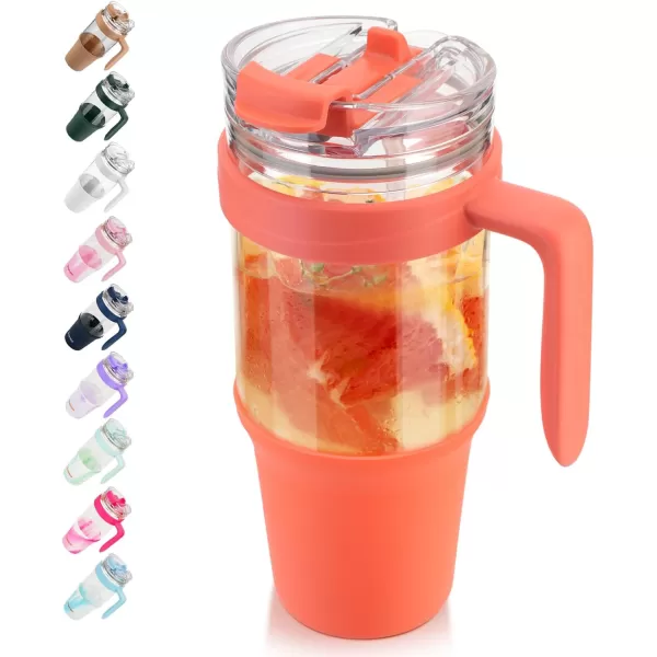 imageTronco 40 oz Glass Tumbler with Straw and Bamboo Lid Reusable Glass Tumbler with handle Fits in Cup Holder Iced Coffee Cup Smoothie CupCoral Orange
