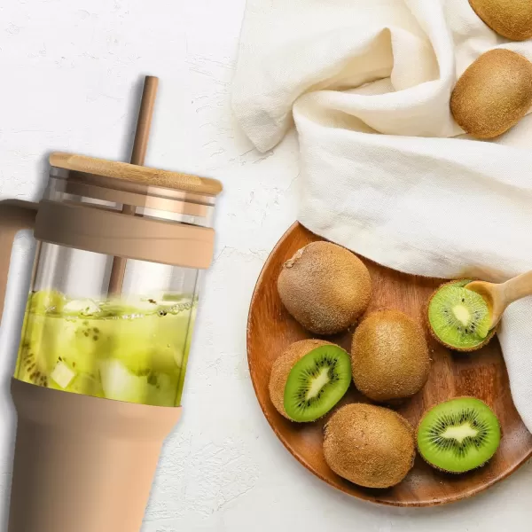 imageTronco 40 oz Glass Tumbler with Straw and Bamboo Lid Reusable Glass Tumbler with handle Fits in Cup Holder Iced Coffee Cup Smoothie CupKhakiBamboo
