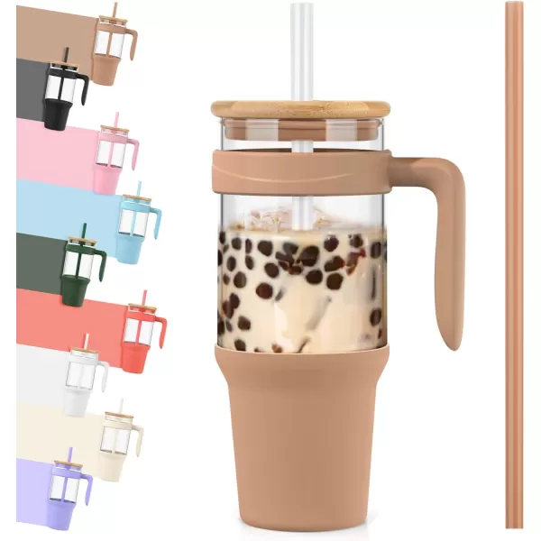 imageTronco 40 oz Glass Tumbler with Straw and Bamboo Lid Reusable Glass Tumbler with handle Fits in Cup Holder Iced Coffee Cup Smoothie CupKhakiBamboo