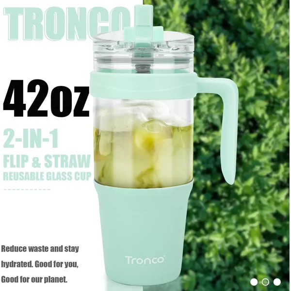 imageTronco 40 oz Glass Tumbler with Straw and Bamboo Lid Reusable Glass Tumbler with handle Fits in Cup Holder Iced Coffee Cup Smoothie CupLight Green