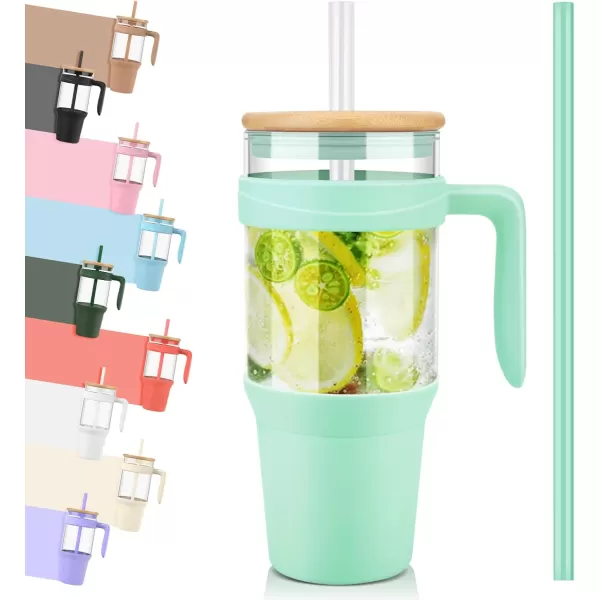 imageTronco 40 oz Glass Tumbler with Straw and Bamboo Lid Reusable Glass Tumbler with handle Fits in Cup Holder Iced Coffee Cup Smoothie CupLight GreenBamboo
