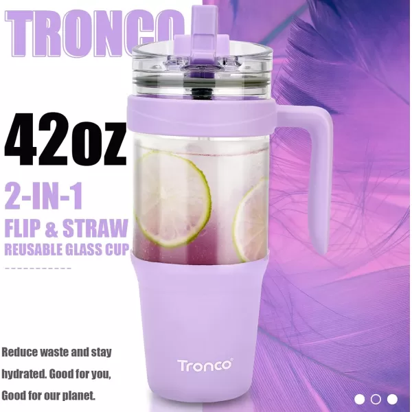imageTronco 40 oz Glass Tumbler with Straw and Bamboo Lid Reusable Glass Tumbler with handle Fits in Cup Holder Iced Coffee Cup Smoothie CupLight Purple