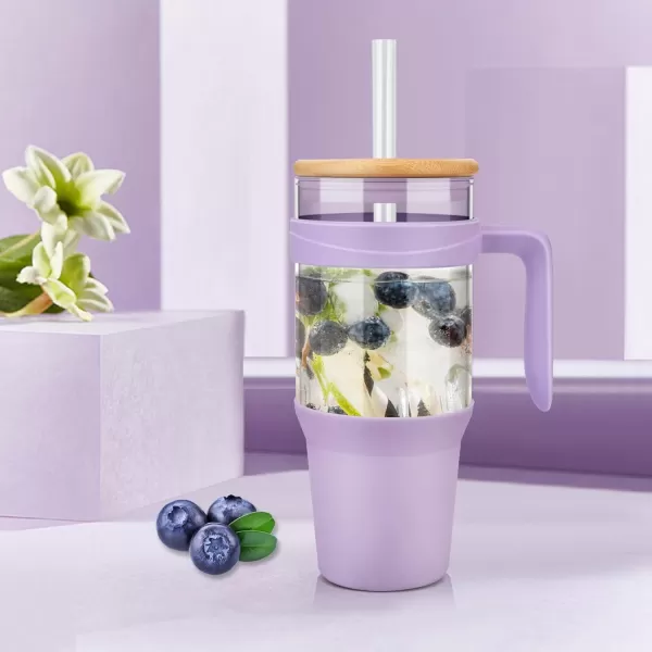 imageTronco 40 oz Glass Tumbler with Straw and Bamboo Lid Reusable Glass Tumbler with handle Fits in Cup Holder Iced Coffee Cup Smoothie CupLight PurpleBamboo