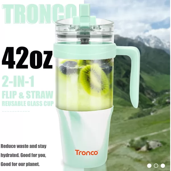 imageTronco 40 oz Glass Tumbler with Straw and Bamboo Lid Reusable Glass Tumbler with handle Fits in Cup Holder Iced Coffee Cup Smoothie CupMixedLight Green
