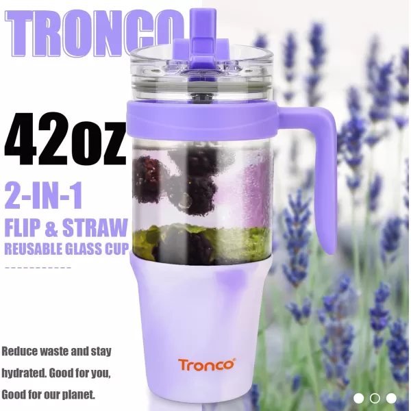 imageTronco 40 oz Glass Tumbler with Straw and Bamboo Lid Reusable Glass Tumbler with handle Fits in Cup Holder Iced Coffee Cup Smoothie CupMixedPurple