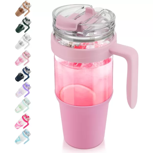imageTronco 40 oz Glass Tumbler with Straw and Bamboo Lid Reusable Glass Tumbler with handle Fits in Cup Holder Iced Coffee Cup Smoothie CupPink