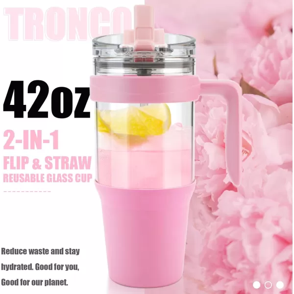 imageTronco 40 oz Glass Tumbler with Straw and Bamboo Lid Reusable Glass Tumbler with handle Fits in Cup Holder Iced Coffee Cup Smoothie CupPink