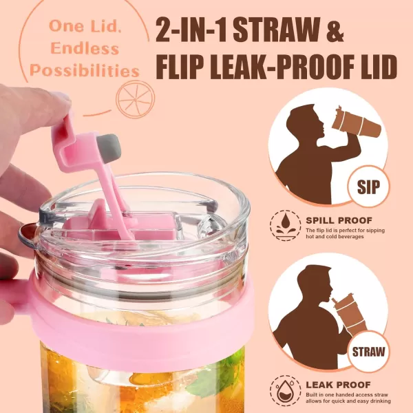 imageTronco 40 oz Glass Tumbler with Straw and Bamboo Lid Reusable Glass Tumbler with handle Fits in Cup Holder Iced Coffee Cup Smoothie CupPink