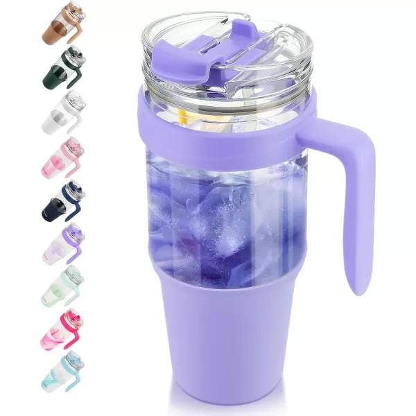 imageTronco 40 oz Glass Tumbler with Straw and Bamboo Lid Reusable Glass Tumbler with handle Fits in Cup Holder Iced Coffee Cup Smoothie CupPurple