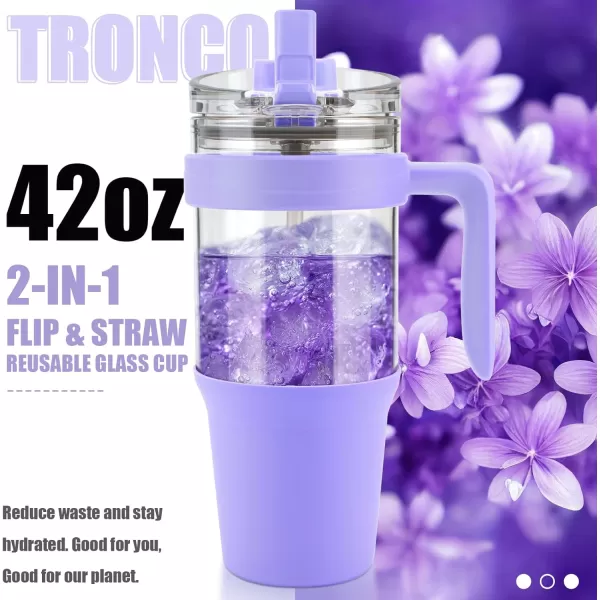 imageTronco 40 oz Glass Tumbler with Straw and Bamboo Lid Reusable Glass Tumbler with handle Fits in Cup Holder Iced Coffee Cup Smoothie CupPurple