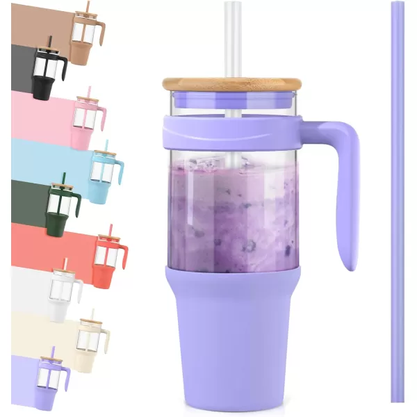 imageTronco 40 oz Glass Tumbler with Straw and Bamboo Lid Reusable Glass Tumbler with handle Fits in Cup Holder Iced Coffee Cup Smoothie CupPurpleBamboo