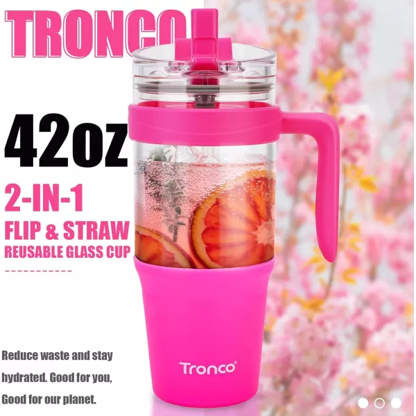imageTronco 40 oz Glass Tumbler with Straw and Bamboo Lid Reusable Glass Tumbler with handle Fits in Cup Holder Iced Coffee Cup Smoothie CupRosy Red