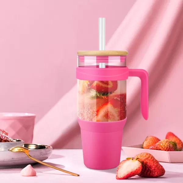 imageTronco 40 oz Glass Tumbler with Straw and Bamboo Lid Reusable Glass Tumbler with handle Fits in Cup Holder Iced Coffee Cup Smoothie CupRosy RedBamboo
