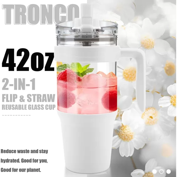 imageTronco 40 oz Glass Tumbler with Straw and Bamboo Lid Reusable Glass Tumbler with handle Fits in Cup Holder Iced Coffee Cup Smoothie CupWhite