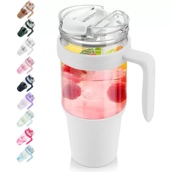 imageTronco 40 oz Glass Tumbler with Straw and Bamboo Lid Reusable Glass Tumbler with handle Fits in Cup Holder Iced Coffee Cup Smoothie CupWhite