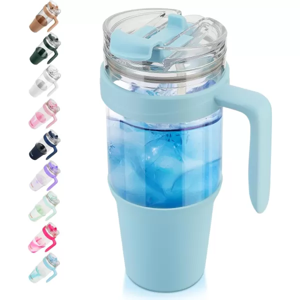 imageTronco 40 oz Glass Tumbler with Straw and Bamboo Lid Reusable Glass Tumbler with handle Fits in Cup Holder Iced Coffee Cup Smoothie Cupskyblue