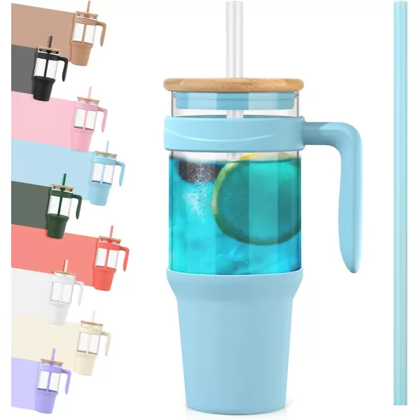 imageTronco 40 oz Glass Tumbler with Straw and Bamboo Lid Reusable Glass Tumbler with handle Fits in Cup Holder Iced Coffee Cup Smoothie CupskyblueBamboo