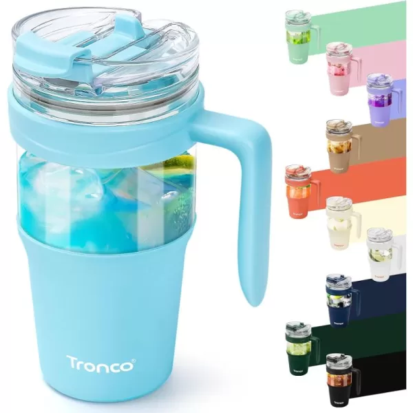 imageTronco 40 oz Glass Tumbler with Straw and Bamboo Lid Reusable Glass Tumbler with handle Fits in Cup Holder Iced Coffee Cup Smoothie Cupskyblue