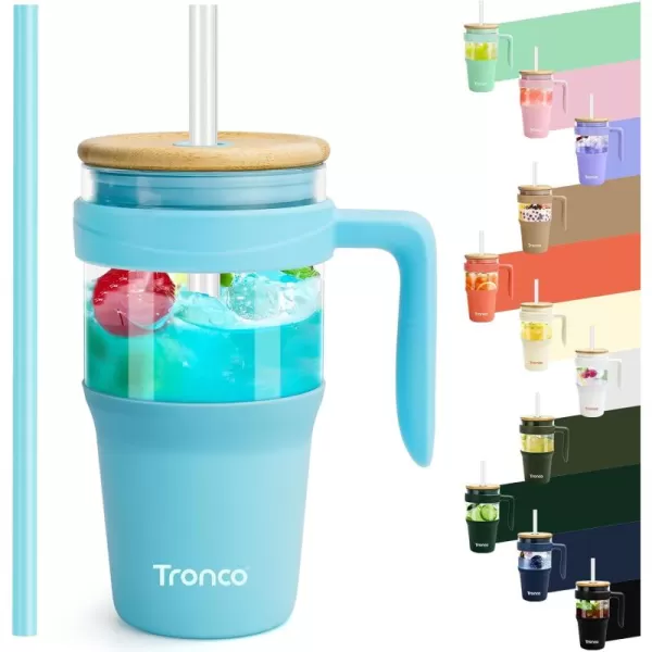 imageTronco 40 oz Glass Tumbler with Straw and Bamboo Lid Reusable Glass Tumbler with handle Fits in Cup Holder Iced Coffee Cup Smoothie CupskyblueBamboo
