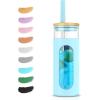 imageTronco 20oz Glass Tumbler with Bamboo Lid and Straw Glass Cup For BobaIced CoffeeSmoothie Spill Proof Glass Water Bottle With Silicone Protective Sleeve Dishwasher SafeBPA FreePureBlue