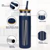 imageTronco 20oz Glass Tumbler with Bamboo Lid and Straw Glass Cup For BobaIced CoffeeSmoothie Spill Proof Glass Water Bottle With Silicone Protective Sleeve Dishwasher SafeBPA FreeDenim Blue