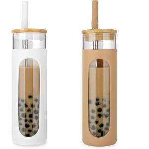 imageTronco 20oz Glass Tumbler with Bamboo Lid and Straw Glass Cup For BobaIced CoffeeSmoothie Spill Proof Glass Water Bottle With Silicone Protective Sleeve Dishwasher SafeBPA FreeWhiteAmber