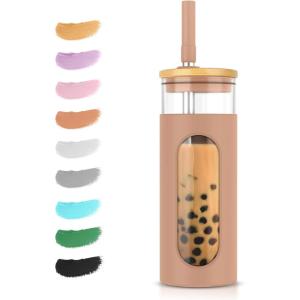 imageTronco 20oz Glass Tumbler with Bamboo Lid and Straw Glass Cup For BobaIced CoffeeSmoothie Spill Proof Glass Water Bottle With Silicone Protective Sleeve Dishwasher SafeBPA FreeCoffee