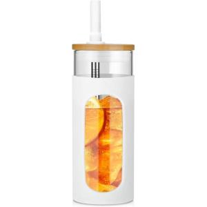 imageTronco 20oz Glass Tumbler with Bamboo Lid and Straw Glass Cup For BobaIced CoffeeSmoothie Spill Proof Glass Water Bottle With Silicone Protective Sleeve Dishwasher SafeBPA FreeWhite