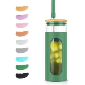 imageTronco 20oz Glass Tumbler with Bamboo Lid and Straw Glass Cup For BobaIced CoffeeSmoothie Spill Proof Glass Water Bottle With Silicone Protective Sleeve Dishwasher SafeBPA FreeBlackishGreen