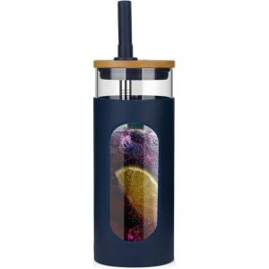 imageTronco 20oz Glass Tumbler with Bamboo Lid and Straw Glass Cup For BobaIced CoffeeSmoothie Spill Proof Glass Water Bottle With Silicone Protective Sleeve Dishwasher SafeBPA FreeDenim Blue