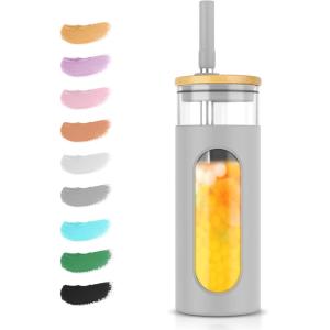 imageTronco 20oz Glass Tumbler with Bamboo Lid and Straw Glass Cup For BobaIced CoffeeSmoothie Spill Proof Glass Water Bottle With Silicone Protective Sleeve Dishwasher SafeBPA FreeGray