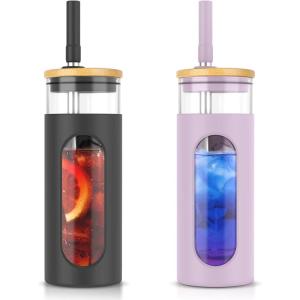 imageTronco 20oz Glass Tumbler with Bamboo Lid and Straw Glass Cup For BobaIced CoffeeSmoothie Spill Proof Glass Water Bottle With Silicone Protective Sleeve Dishwasher SafeBPA FreeBlackPurple