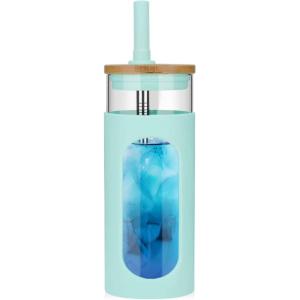 imageTronco 20oz Glass Tumbler with Bamboo Lid and Straw Glass Cup For BobaIced CoffeeSmoothie Spill Proof Glass Water Bottle With Silicone Protective Sleeve Dishwasher SafeBPA FreePureBlue