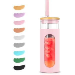 imageTronco 20oz Glass Tumbler with Bamboo Lid and Straw Glass Cup For BobaIced CoffeeSmoothie Spill Proof Glass Water Bottle With Silicone Protective Sleeve Dishwasher SafeBPA FreePink