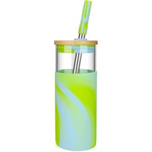 imageTronco 20oz Glass Tumbler with Bamboo Lid and StrawIced Coffee Cup ReusableSmoothie Cup Spill Proof Glass Water Bottle With Silicone Protective Sleeve BPA FreeYellowBlue Rainbow