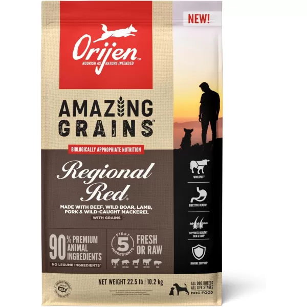 ORIJEN AMAZING GRAINS Puppy Large Dry Dog Food High Protein Dog Food for Large and Giant Puppy Breeds Fresh or Raw Ingredients 225lbRegional Red