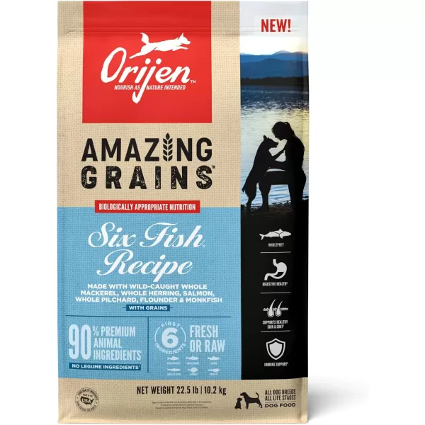ORIJEN AMAZING GRAINS Puppy Large Dry Dog Food High Protein Dog Food for Large and Giant Puppy Breeds Fresh or Raw Ingredients 225lbSix Fish
