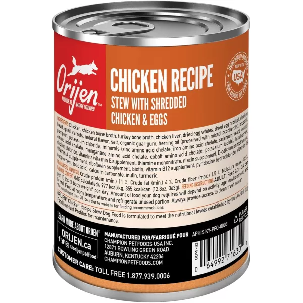 ORIJEN Chicken Recipe Stew with Shredded Chicken and Eggs Wet Dog Food WholePrey Ingredients 128oz Case of 12