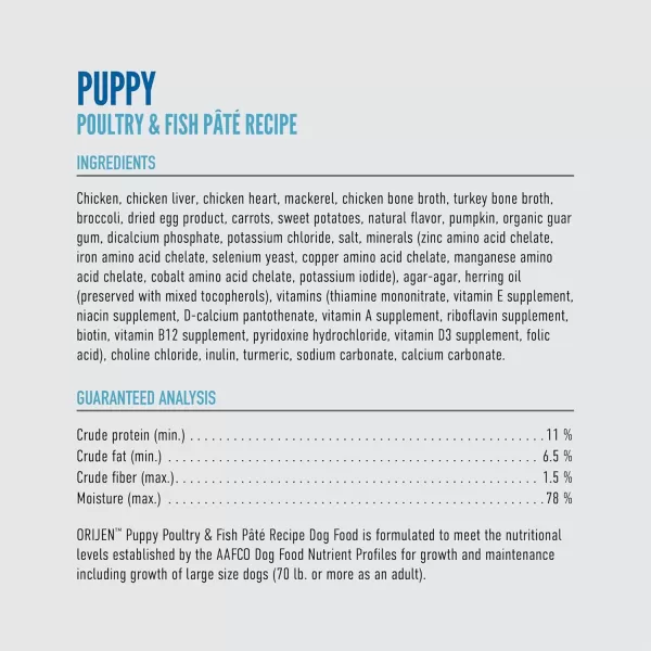 ORIJEN Puppy Poultry ampamp Fish Pate Recipe Wet Dog Food Pate Dog Food for Puppies WholePrey Ingredients 128oz Case of 12Puppy