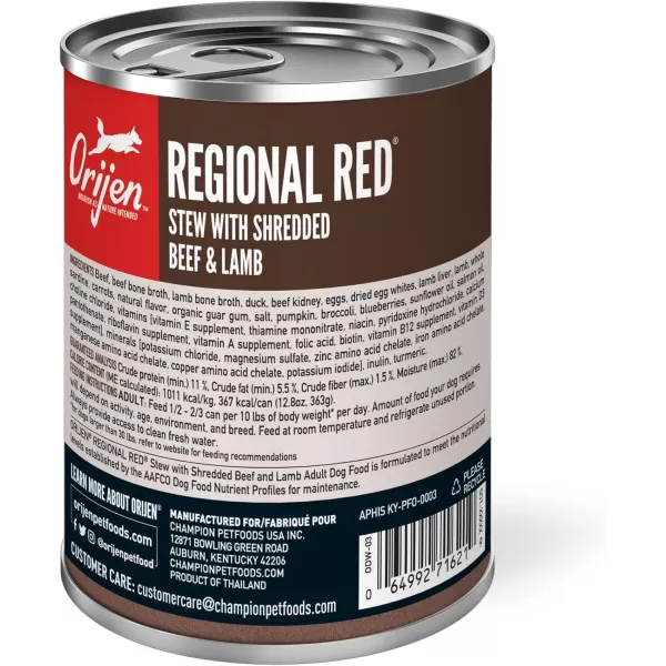 ORIJEN REGIONAL RED Stew Wet Dog Food WholePrey Ingredients 128oz Case of 12Wet Food