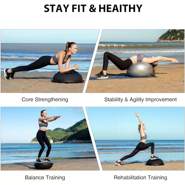 ZELUS 25in Balance Ball  1500lb Inflatable Half Exercise Ball Wobble Board Balance Trainer w Nonslip Base  Half Yoga Ball Strength Training Equipment w 2 Bands Pump Extra Ball IncludedBlack