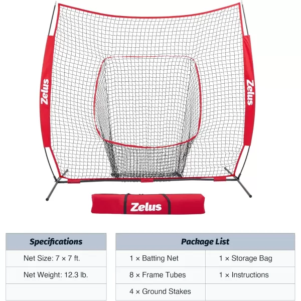 ZELUS 7 ft x7 ft Baseball Net Softball Hitting and Pitching Net with Carry Bag Ground Stakes Portable Baseball Backstop Net with Bow Frame Baseball Training Equipment for All AgesRed