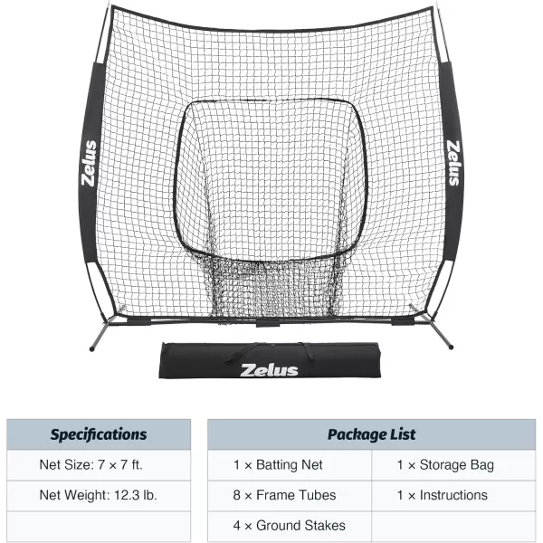 ZELUS 7 ft x7 ft Baseball Net Softball Hitting and Pitching Net with Carry Bag Ground Stakes Portable Baseball Backstop Net with Bow Frame Baseball Training Equipment for All AgesBlack